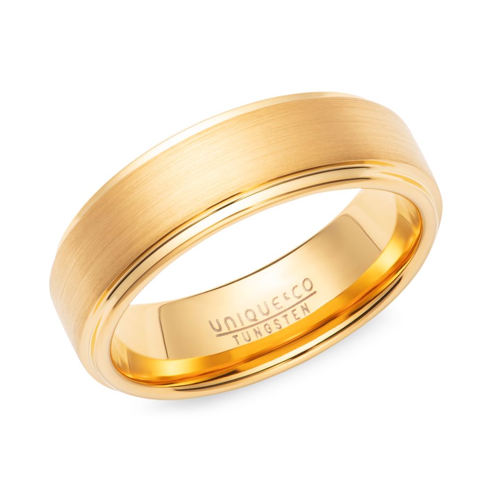 Mens gold tungsten ring with brushed center.