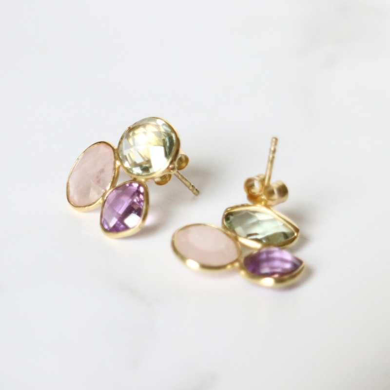 gold plated mixed gemstone stud earrings - Carathea