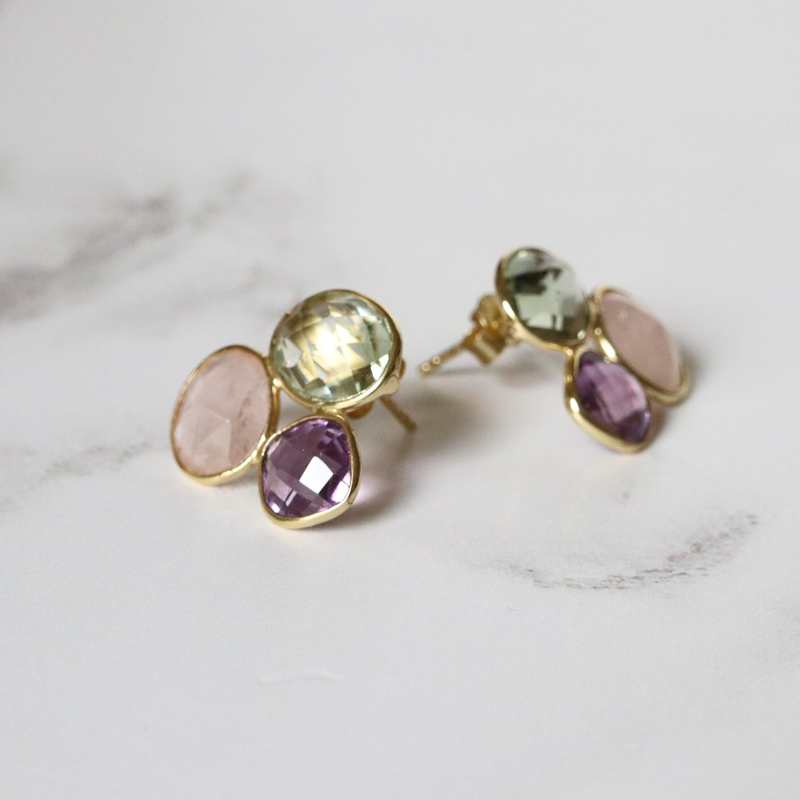 gold plated mixed gemstone stud earrings - Carathea