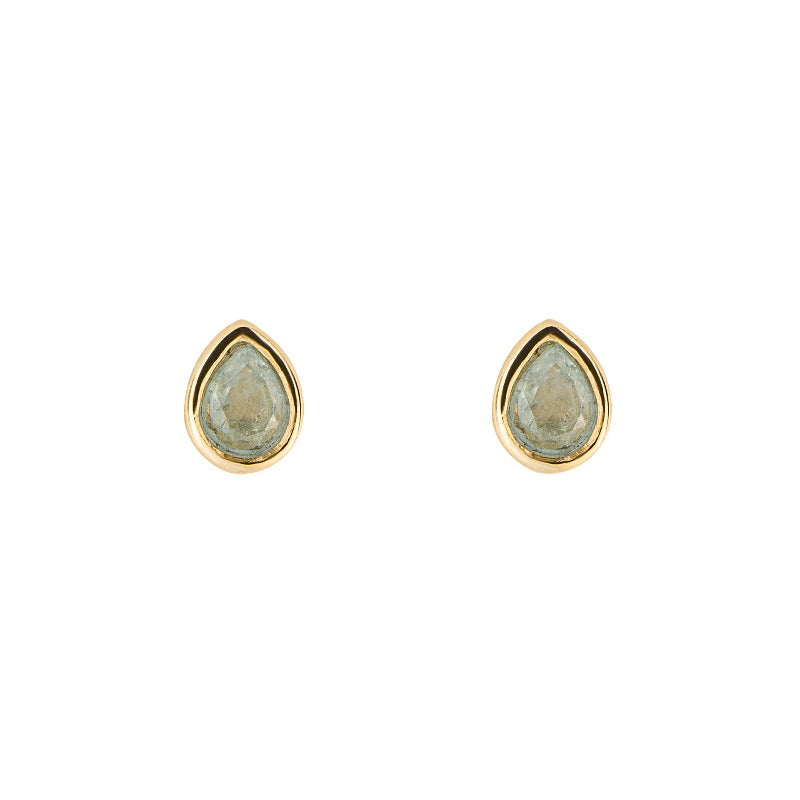 gold plated silver teardrop stud earrings with March birthstone aquamarine | Carathea