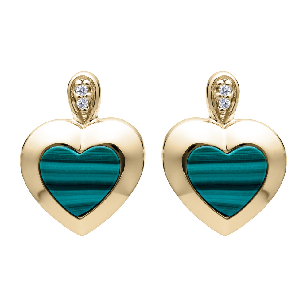 Gold plated silver drop earrings with malachite heart and CZ - Carathea jewellers