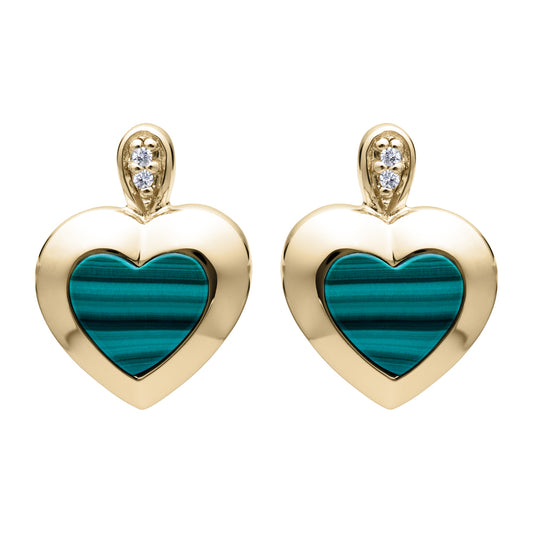 Gold plated silver drop earrings with malachite heart and CZ - Carathea jewellers