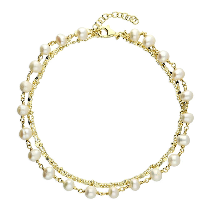 gold-plated silver two-strand anklet with freshwater pearls - Carathea jewellers