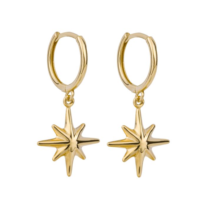 Gold starburst hoop earrings.