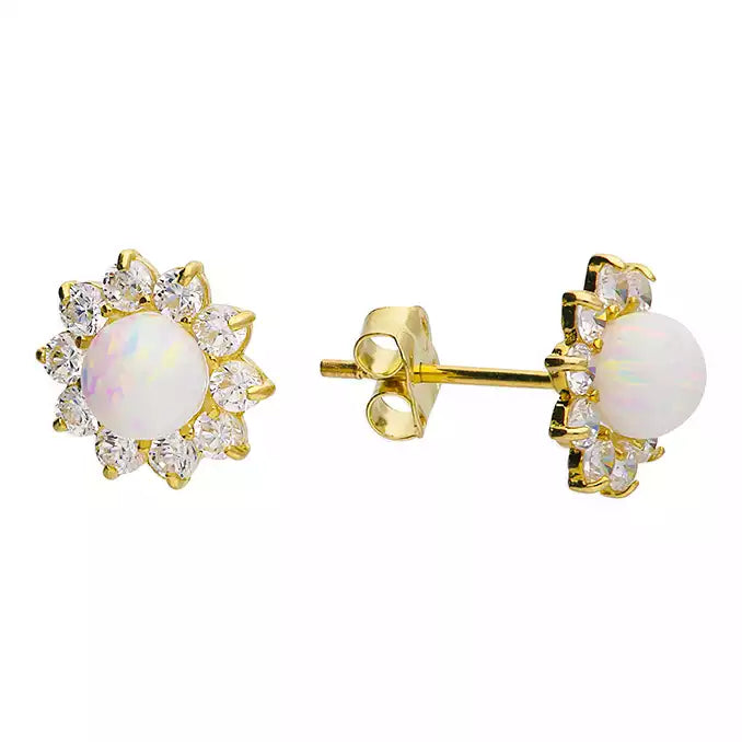 9ct Gold Synthetic Opal and Cubic Zirconia Cluster Earrings Jewellery Carathea