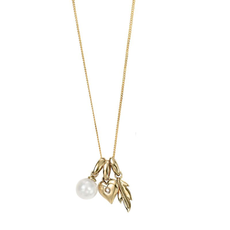 gold triple charm pendant with pearl, leaf and heart - Carathea jewellers