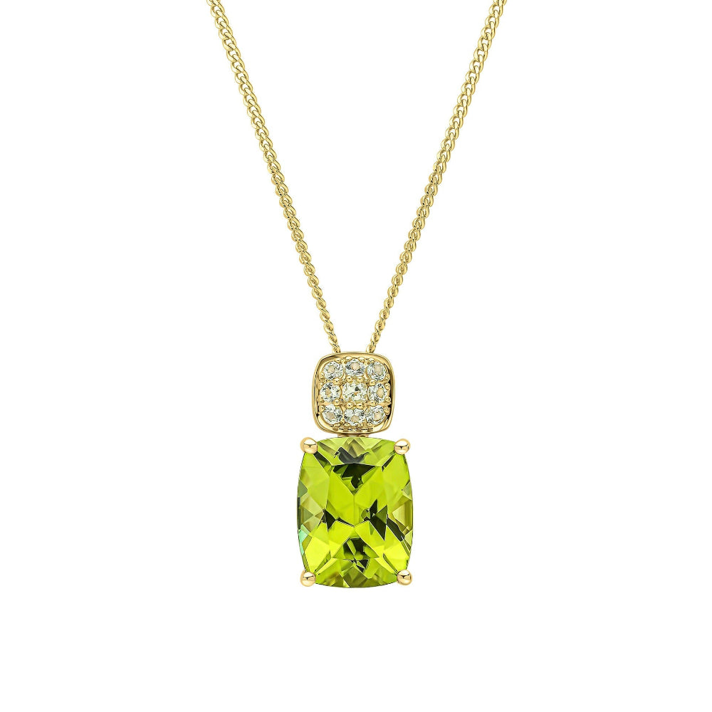 9ct yellow gold pendant with a cushion-cut peridot below a cluster of small peridots, on a gold curb chain.