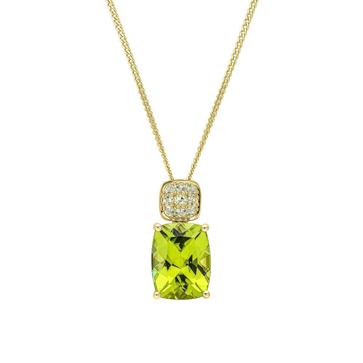 9ct yellow gold pendant with a cushion-cut peridot below a cluster of small peridots, on a gold curb chain.