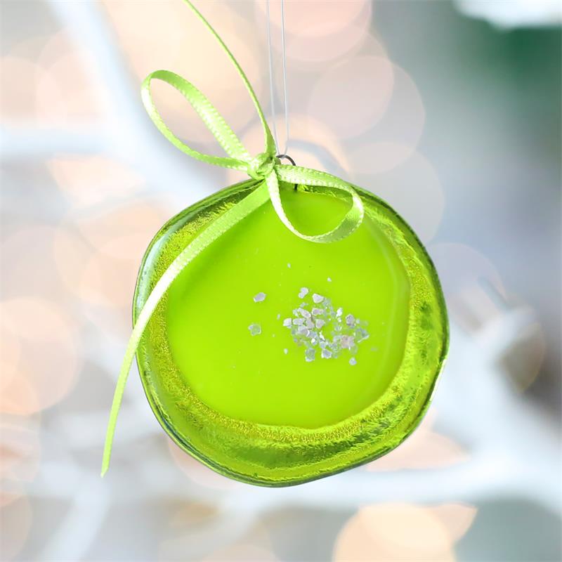 Handmade fused glass Christmas bauble in red, green, or blue.