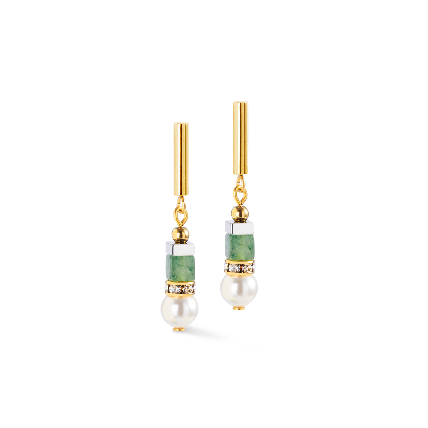 ladies green pearl drop earrings with gold accents - Carathea jewellers