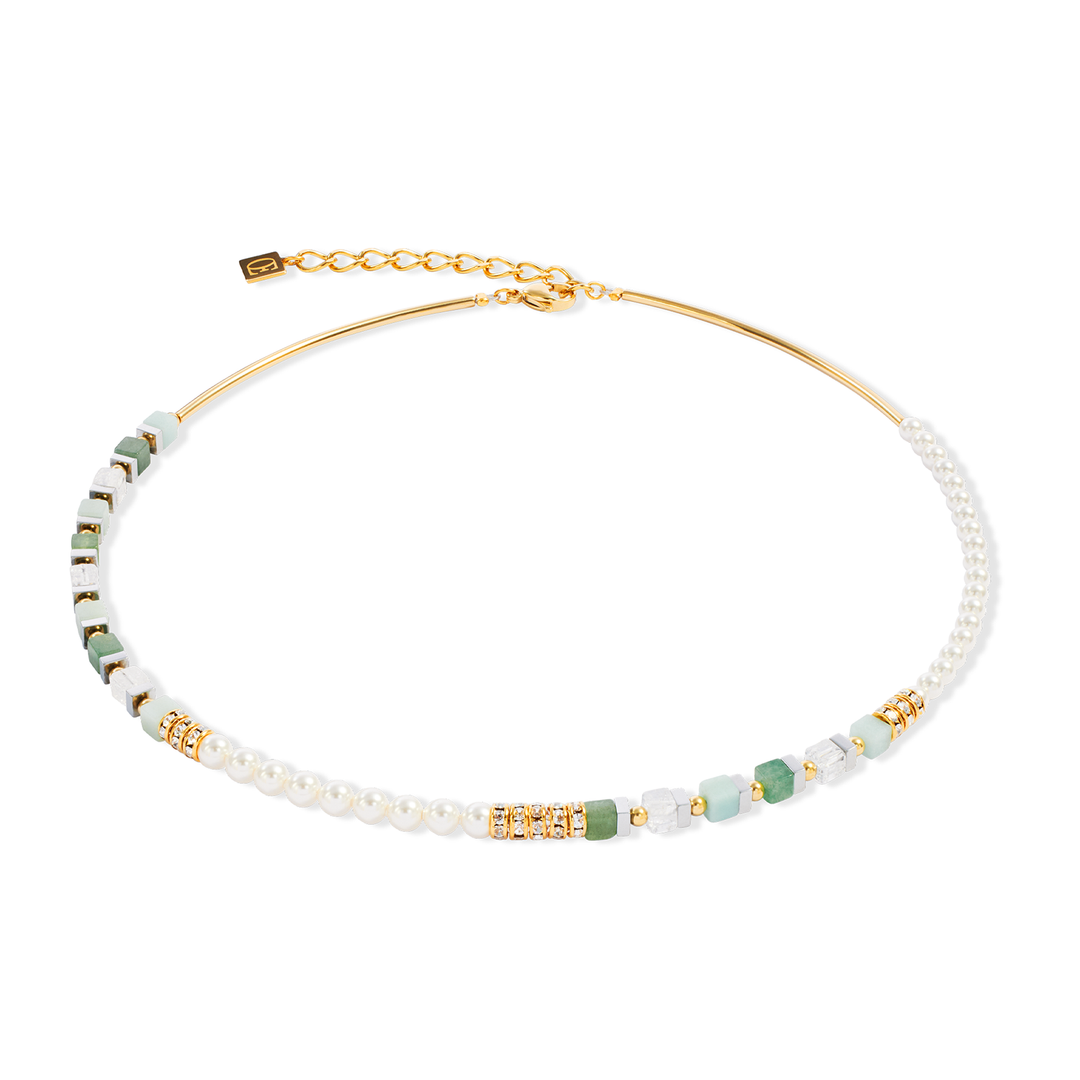 ladies green pearl necklace with gold accents - Carathea jewellers