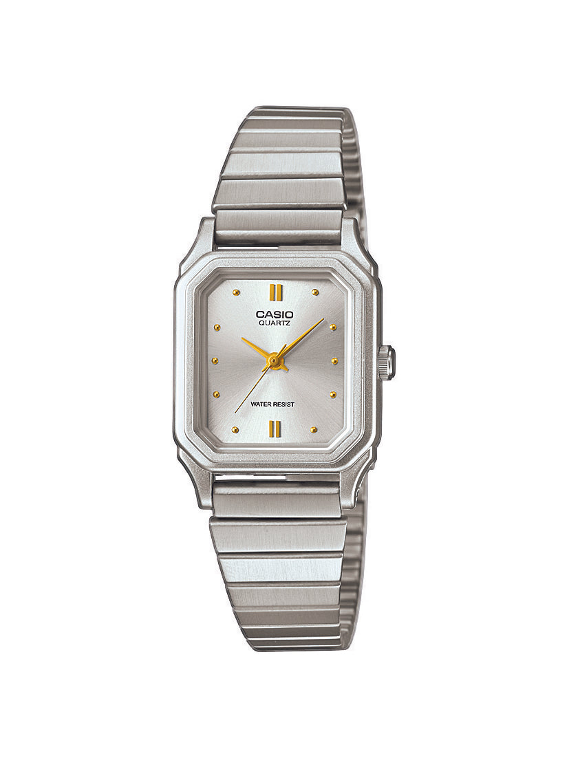 Two-tone Casio watch with a rectangular face and stainless steel bracelet.