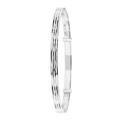 ladies silver expandable bangle with diamond cut on surface - Carathea jewellers