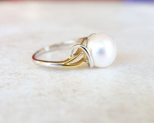 Two Tone Gold Crossover Ring with Large Freshwater Pearl