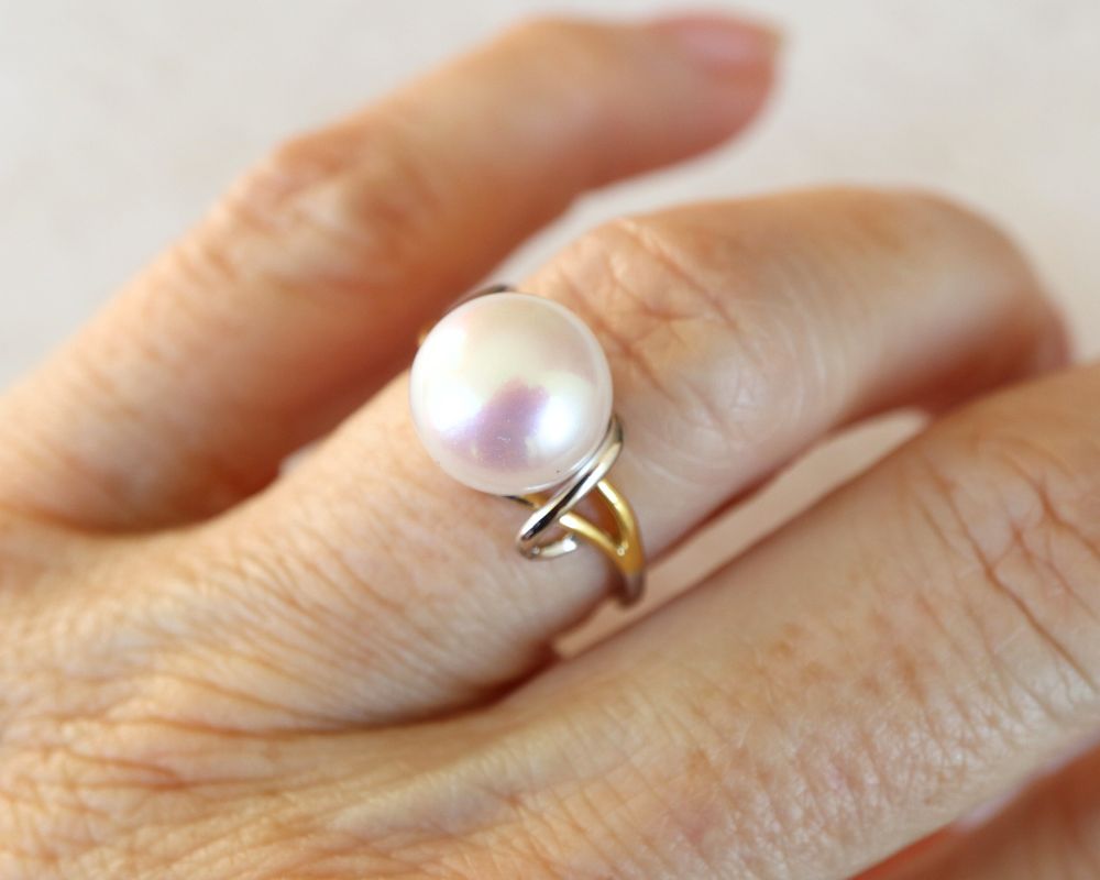 two tone gold ring with large pearl - Carathea jewellers