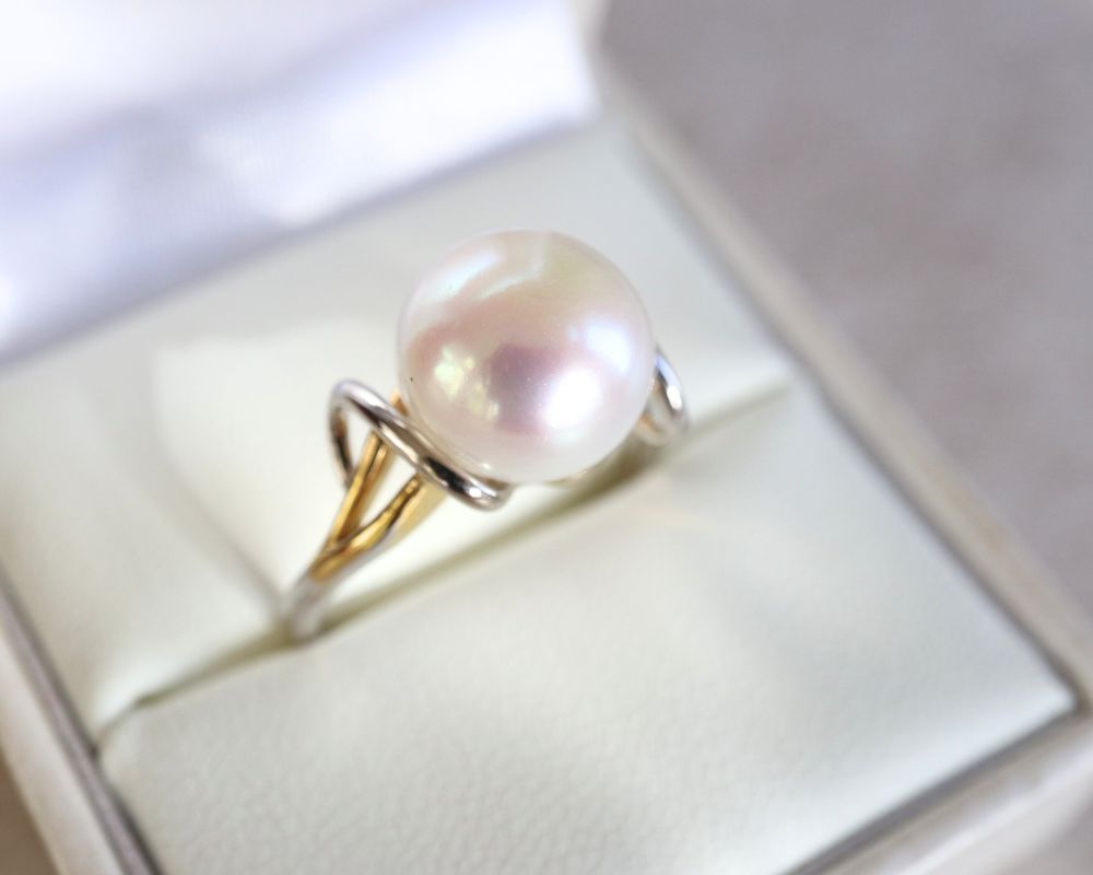 Two Tone Gold Crossover Ring with Large Freshwater Pearl