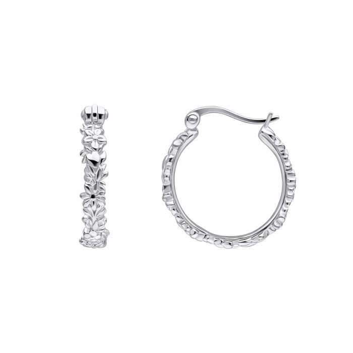 These are recycled sterling silver Laura Ashley Folly hoop earrings, eighteen millimeters in diameter, four millimeters deep, and weighing approximately three grams.