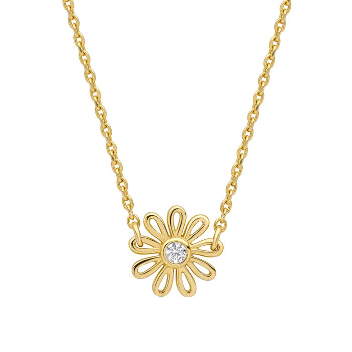 Gold daisy pendant necklace with cubic zirconia.