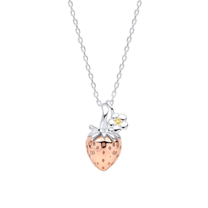 Rose gold strawberry and silver flower necklace.