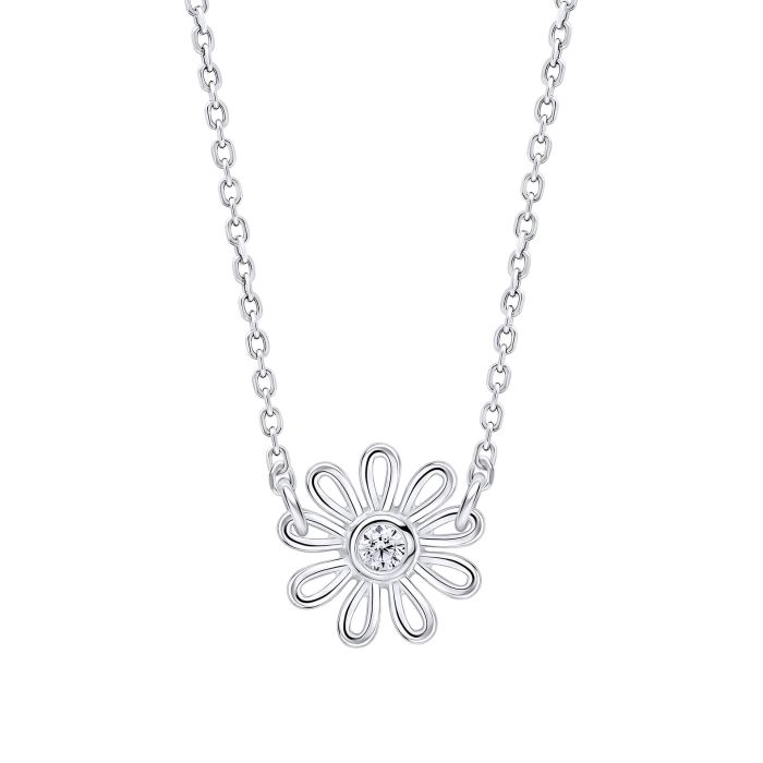 Silver daisy necklace with a cubic zirconia center.