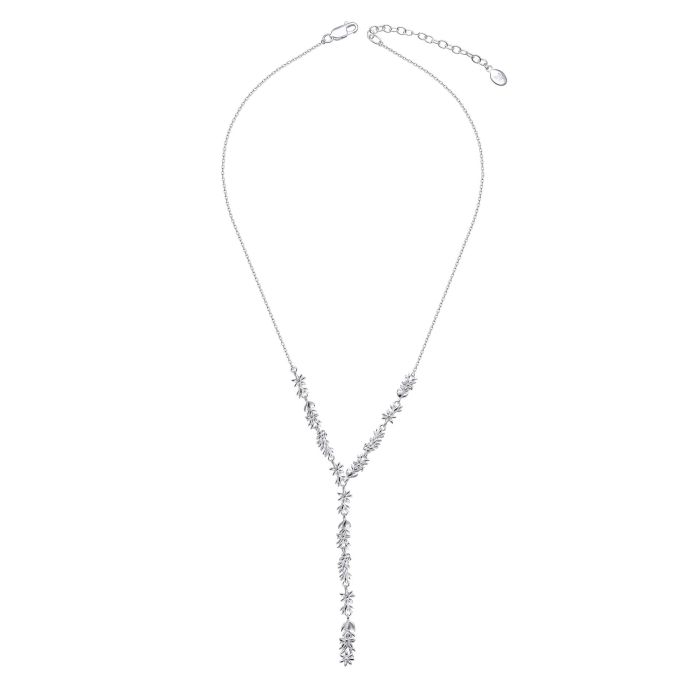 Silver lariat necklace with floral details.