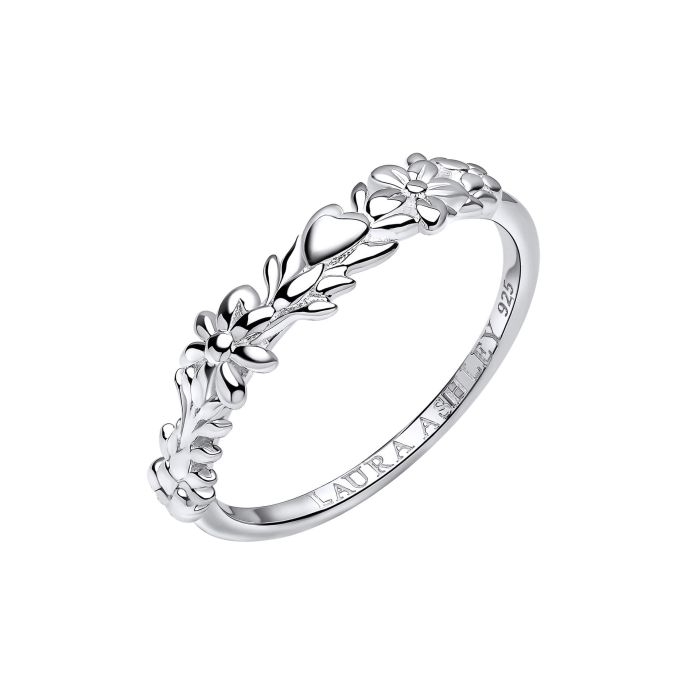 Silver Naunton ring with a floral design.