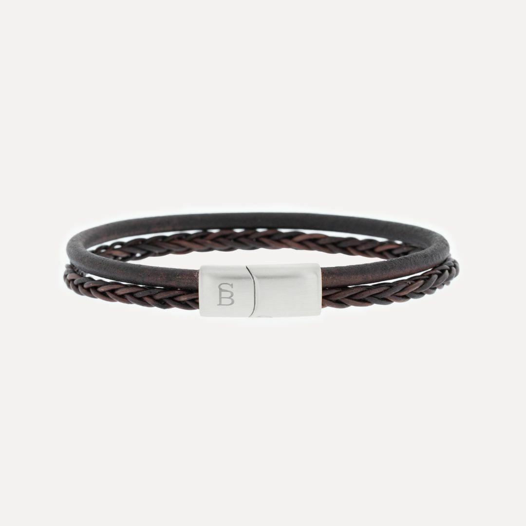 Brown leather bracelet with stainless steel magnetic clasp.