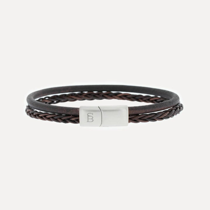Brown leather bracelet with stainless steel magnetic clasp.