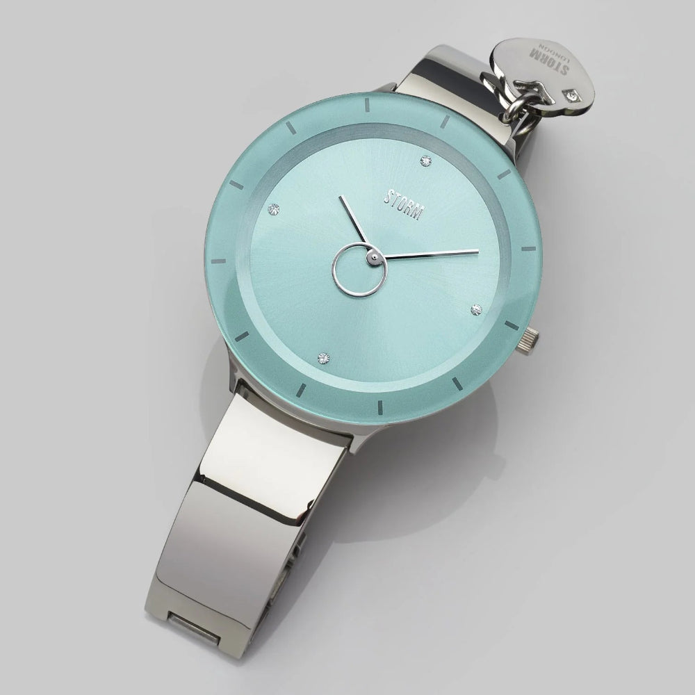 Storm ladies watch with aqua dial and polished steel bangle bracelet - Carathea