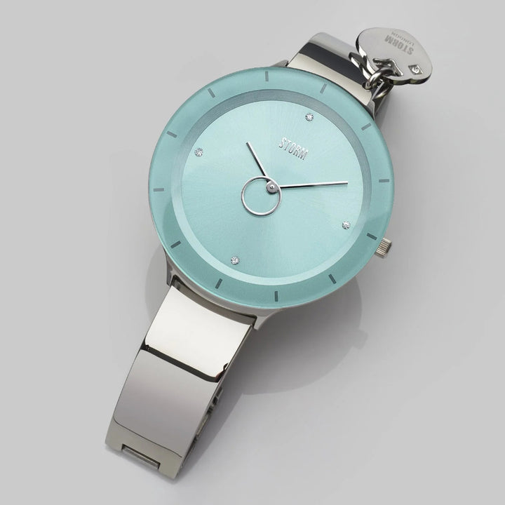 Storm ladies watch with aqua dial and polished steel bangle bracelet - Carathea