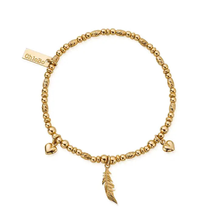 gold plated silver beaded bracelet with feather and heart charms - Carathea jewellers