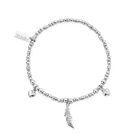 silver beaded bracelet with feather and heart charms - Carathea jewellers