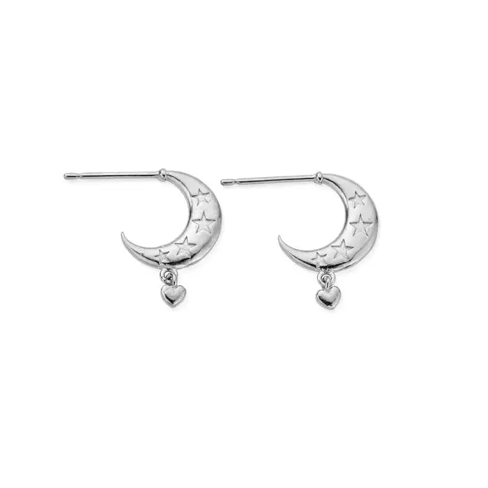 silver crescent shaped huggie hoops with stars embossed and heart charm - Carathea jewellers
