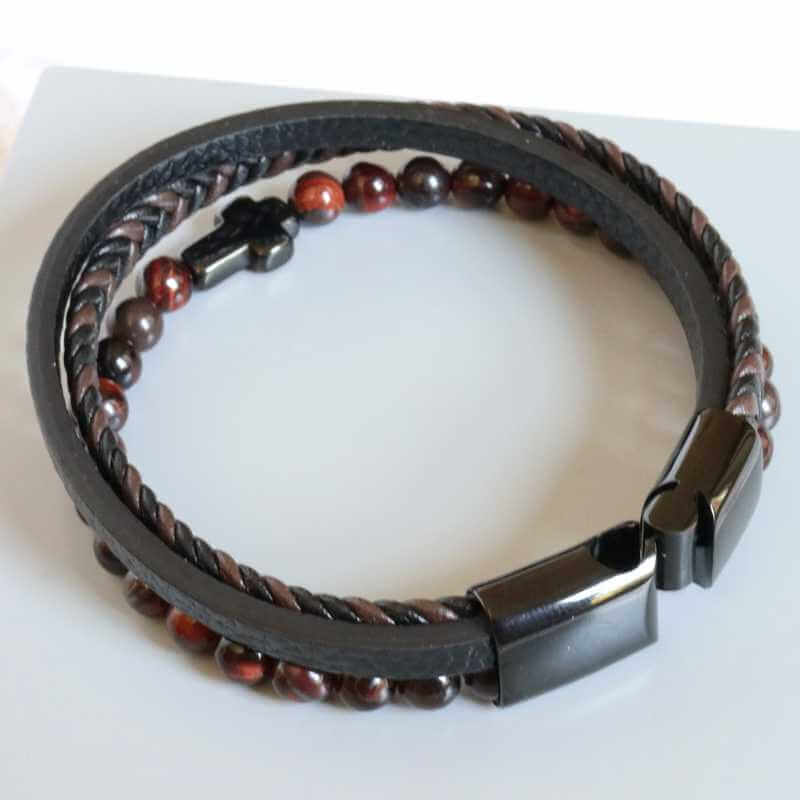 Men's Leather and Dark Tiger's Eye Beaded Bracelet with Black Cross