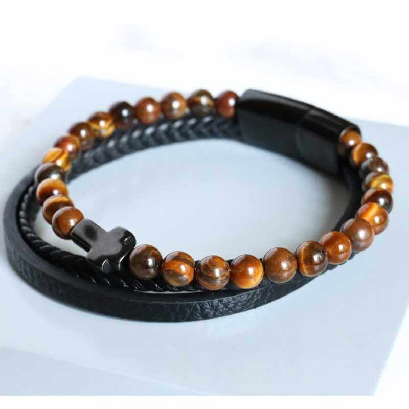 Men's Leather and Tiger's Eye Beaded Bracelet with Black Cross