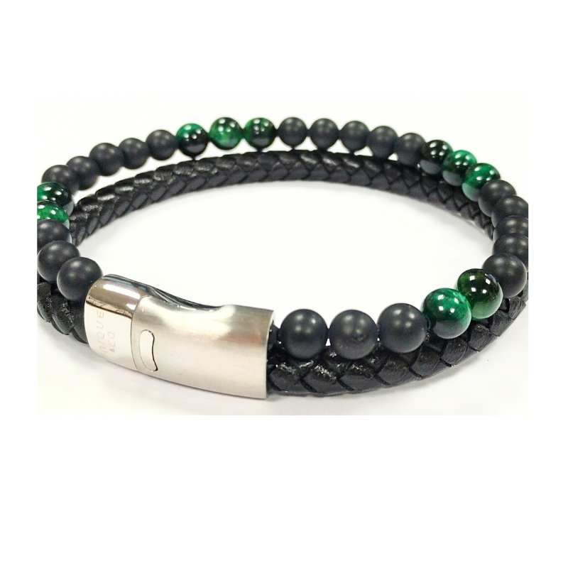 men's leather bracelet with onyx and malachite beads - Carathea jewellers