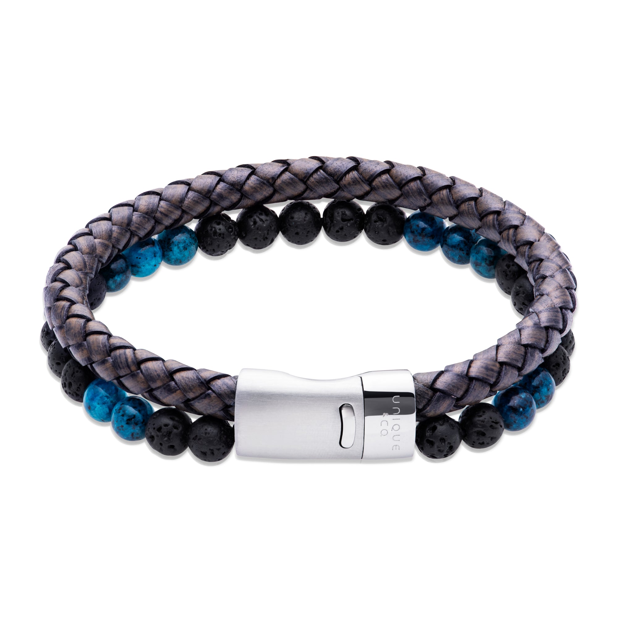 Men's Black Leather Bracelet with Lava Stone & Turquoise Beads