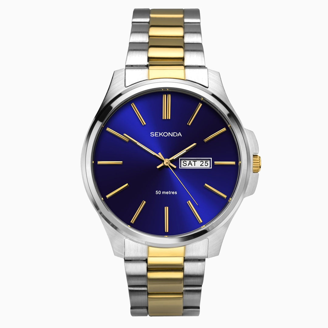 Sekonda two-tone watch with blue dial and day-date display.