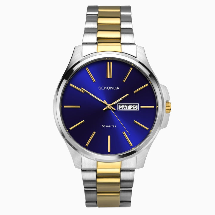 Sekonda two-tone watch with blue dial and day-date display.