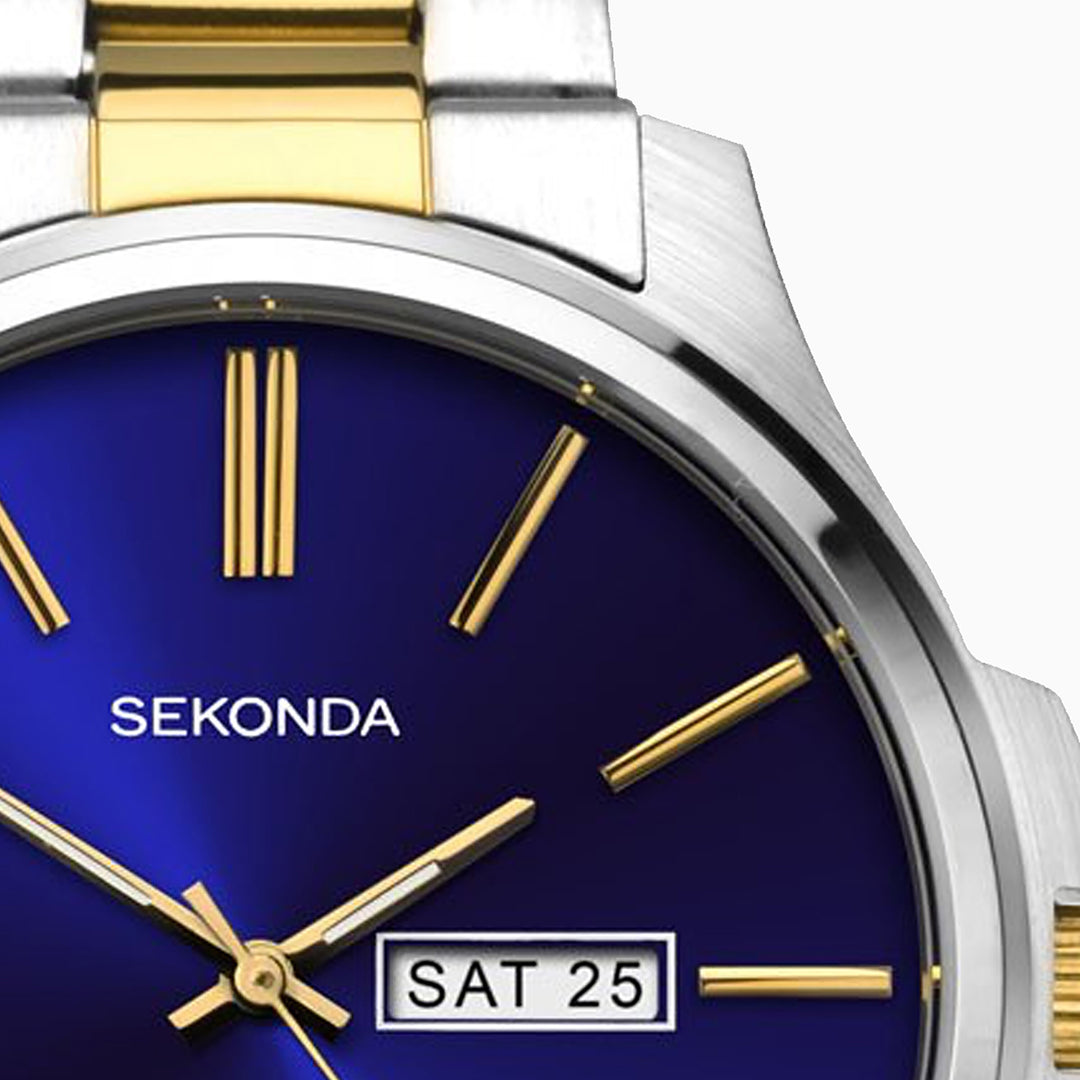 Sekonda two-tone watch with blue dial and day-date display.