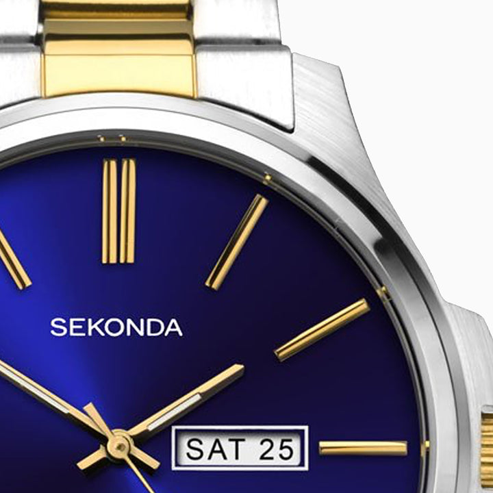 Sekonda two-tone watch with blue dial and day-date display.