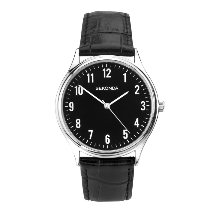Sekonda Easy Reader men's watch with a black dial and leather strap.