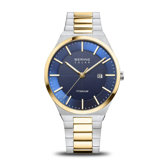 Men's bering two tone solar watch with blue dial - Carathea jewelers