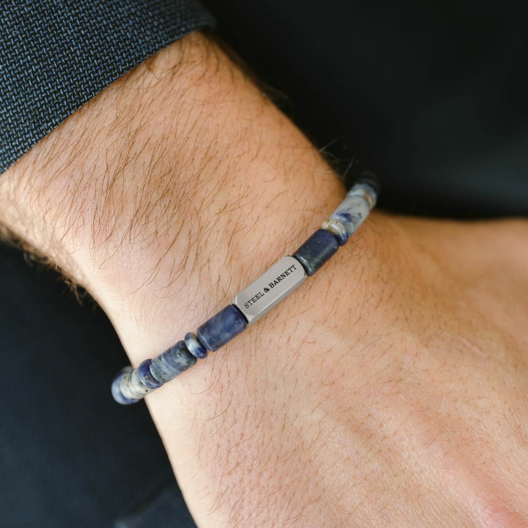 Mens sodalite beaded bracelet with a silver clasp.