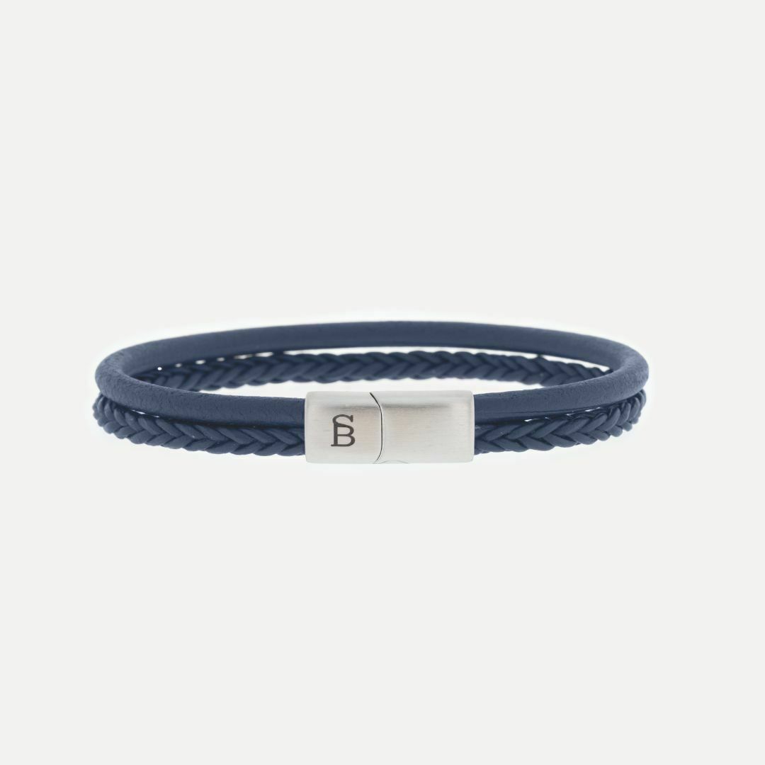 Blue leather double-strand bracelet with stainless steel magnetic clasp.