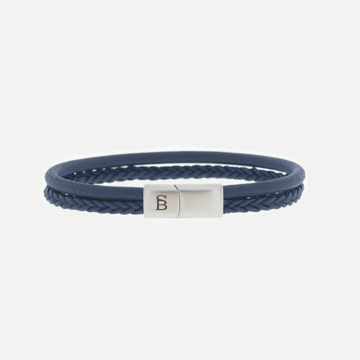 Blue leather double-strand bracelet with stainless steel magnetic clasp.