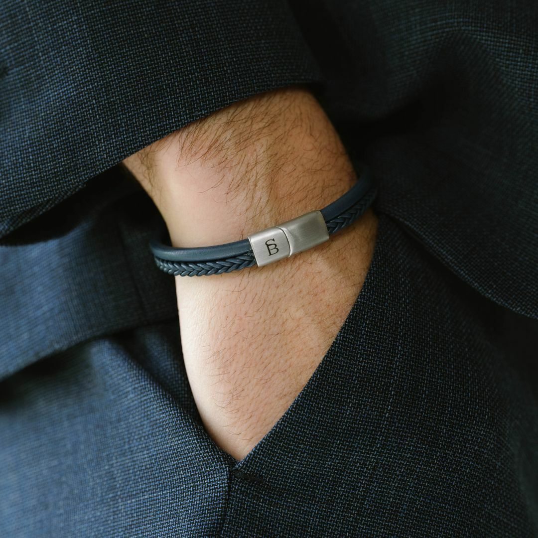 Blue leather double-strand bracelet with stainless steel magnetic clasp.