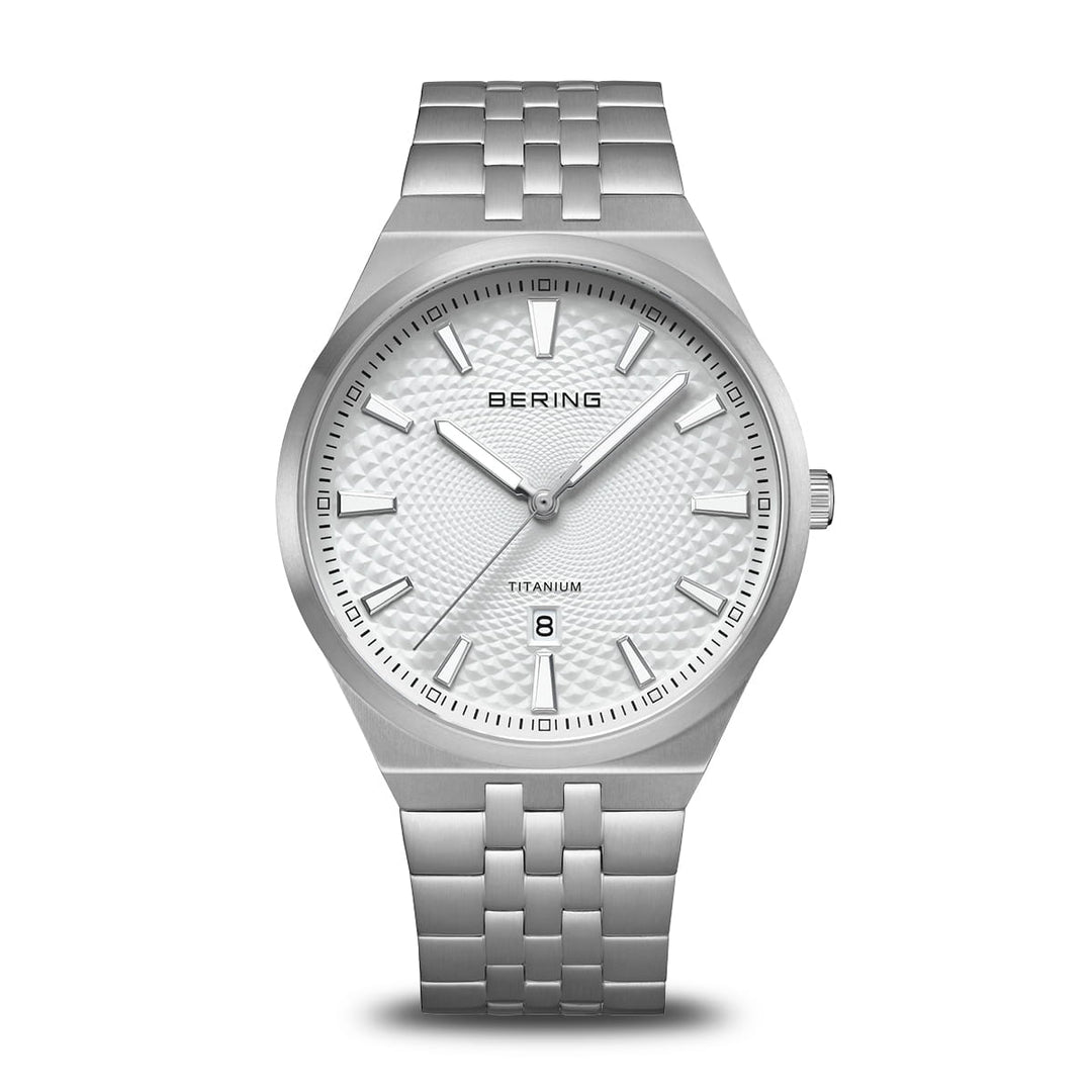 Bering limited edition titanium watch with a silver-white guilloché dial.
