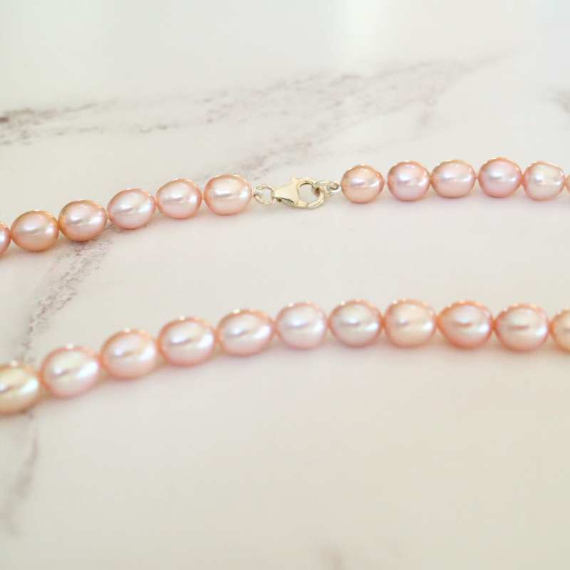 necklace in silver and pink barrel shape pearls - Carathea jewellers