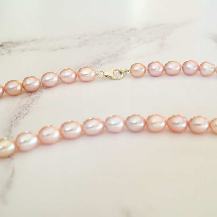 necklace in silver and pink barrel shape pearls - Carathea jewellers
